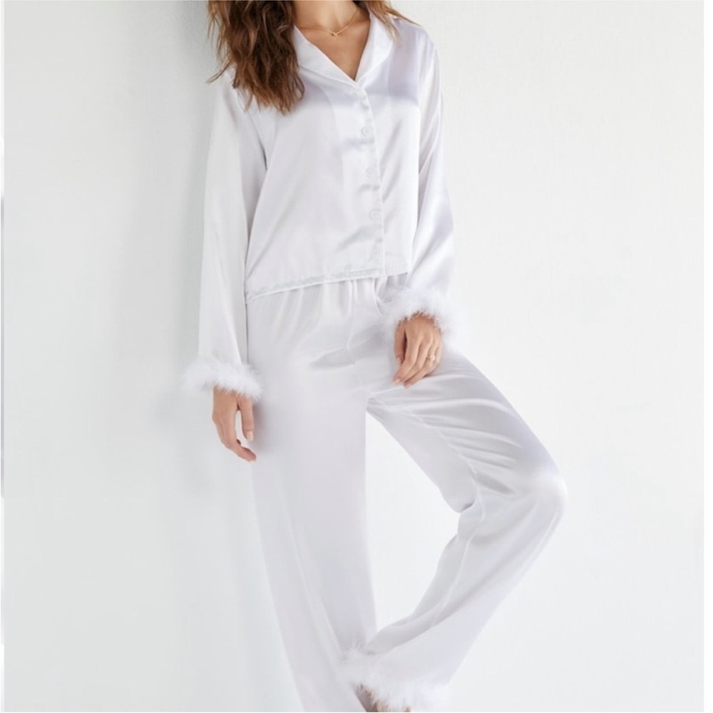Audrey Parks Francesca’s satin faux fur pajamas.